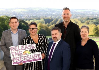 Craig Harrison, Carers NI; Kerry Anthony, Inspire CEO; Minister of Health Robin Swann; Jonny Currie, Trussell Trust; Eithne Gilligan, Age NI