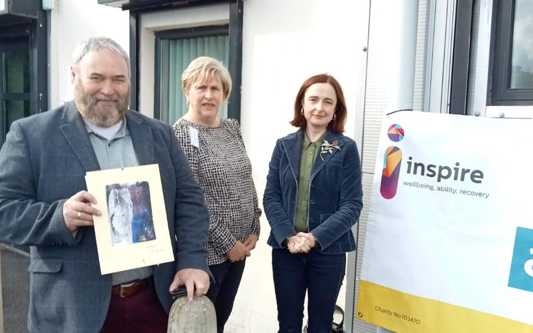 Professor Siobhan O'Neill with Colm Gildernew, MLA, and Joanne Curran at Inspire's Beechvalley Community Wellbeing service
